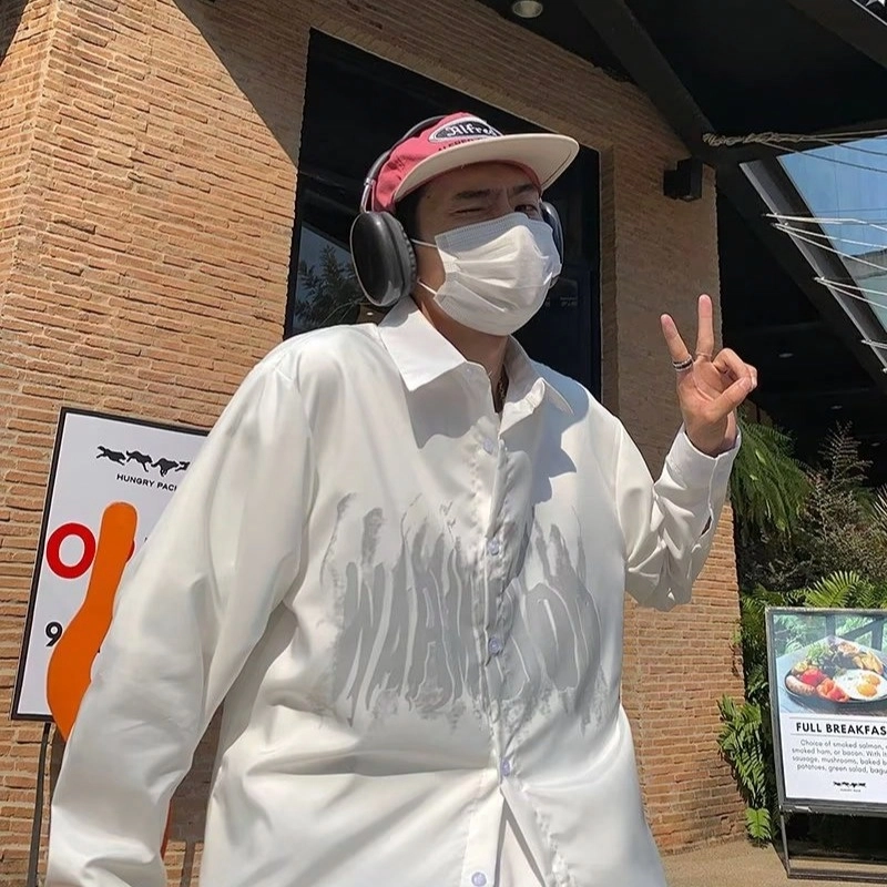 极限涡轮 美式复古艺术个性涂鸦字母印花宽松休闲百搭长袖衬衫 男女同款