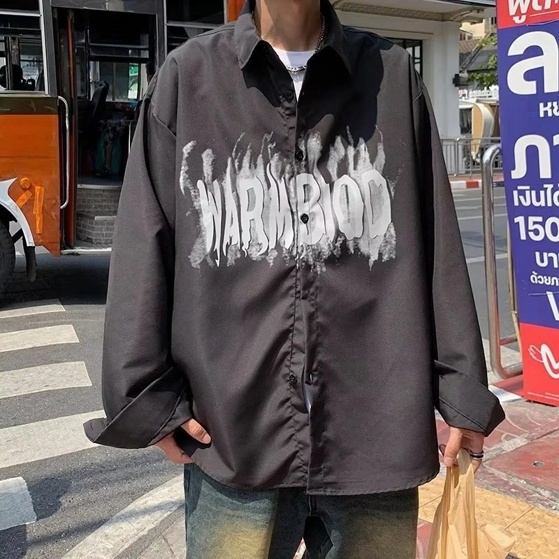 极限涡轮 美式复古艺术个性涂鸦字母印花宽松休闲百搭长袖衬衫 男女同款