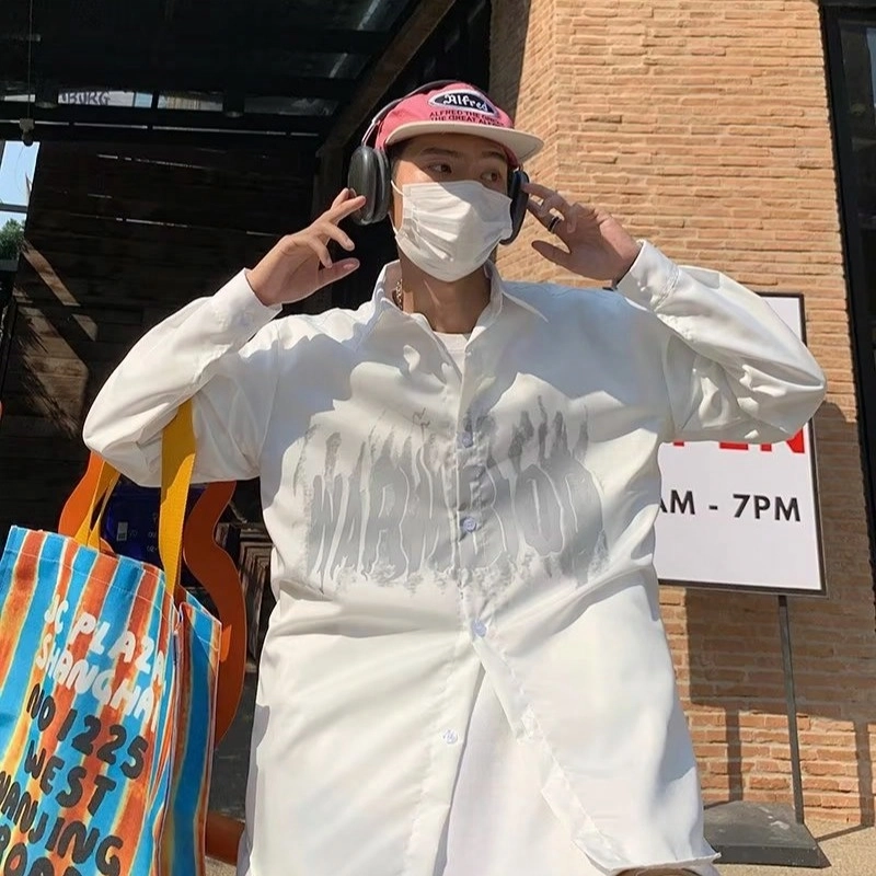 极限涡轮 美式复古艺术个性涂鸦字母印花宽松休闲百搭长袖衬衫 男女同款