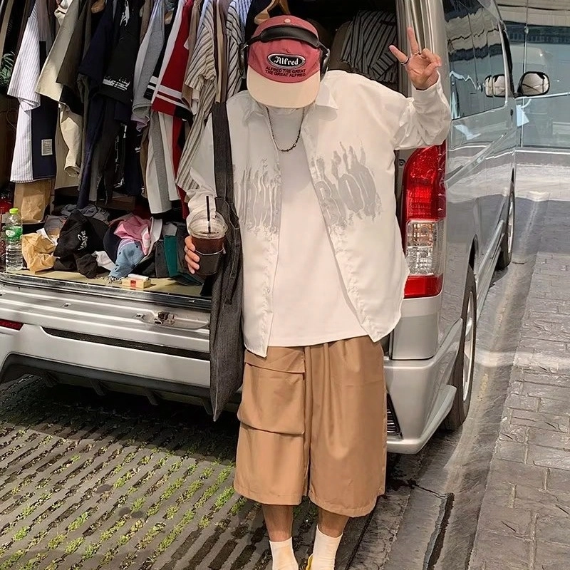 极限涡轮 美式复古艺术个性涂鸦字母印花宽松休闲百搭长袖衬衫 男女同款