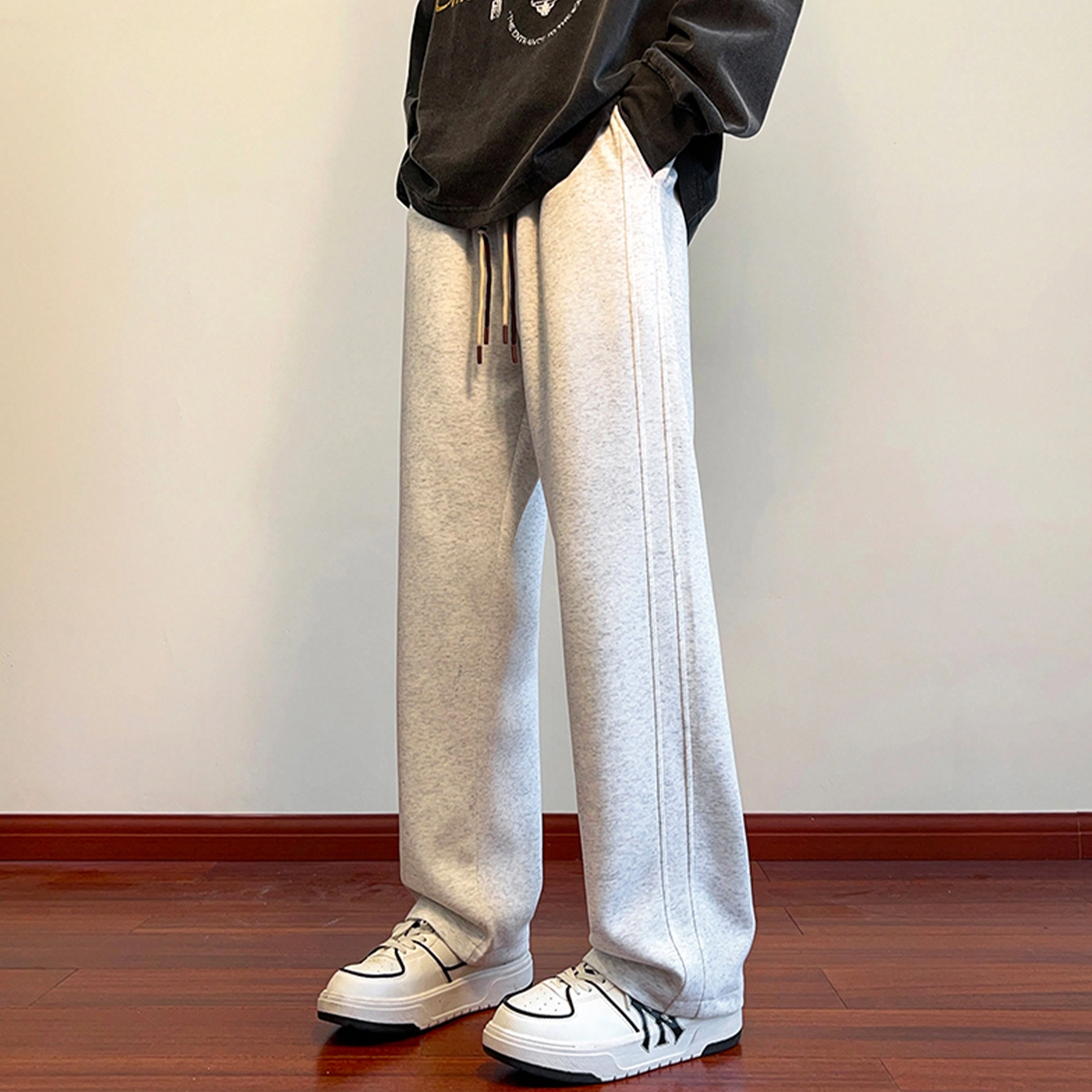徐太浪 保暖宽松纯色重磅挂绳设计直筒休闲裤 男女同款