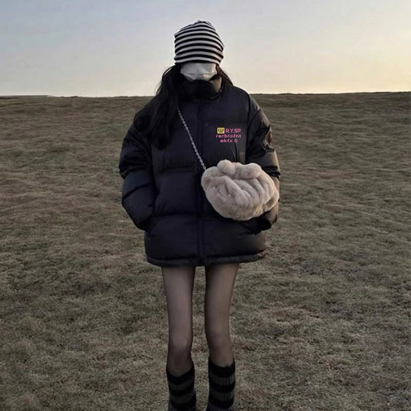 极限涡轮 美式街头风立领宽松潮牌小众设计保暖面包服舒适个性字母纯色厚款时尚休闲棉服 男女同款 黑色