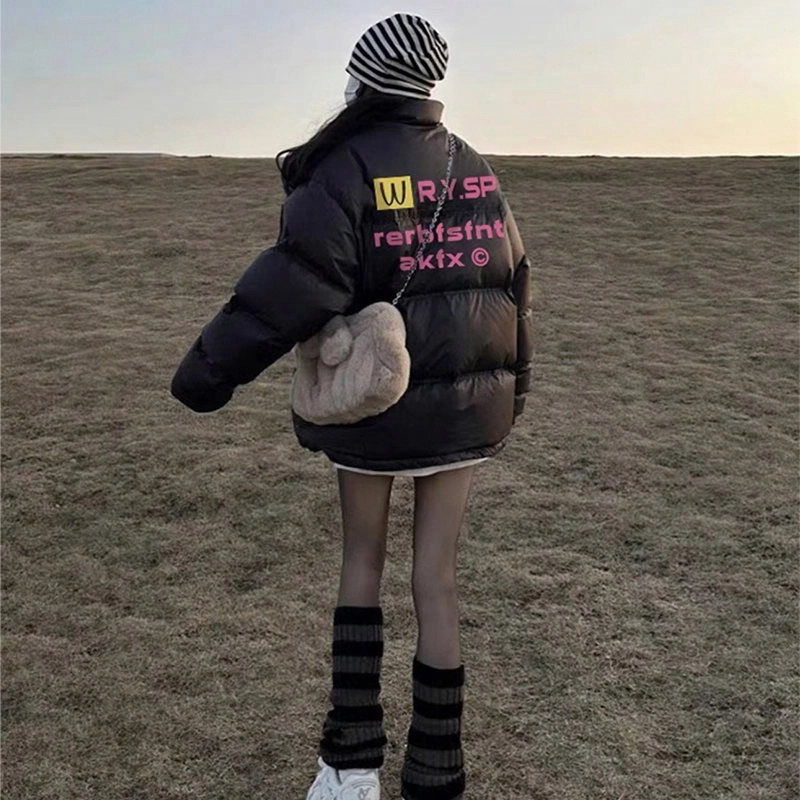 极限涡轮 美式街头风立领宽松潮牌小众设计保暖面包服舒适个性字母纯色厚款时尚休闲棉服 男女同款 黑色