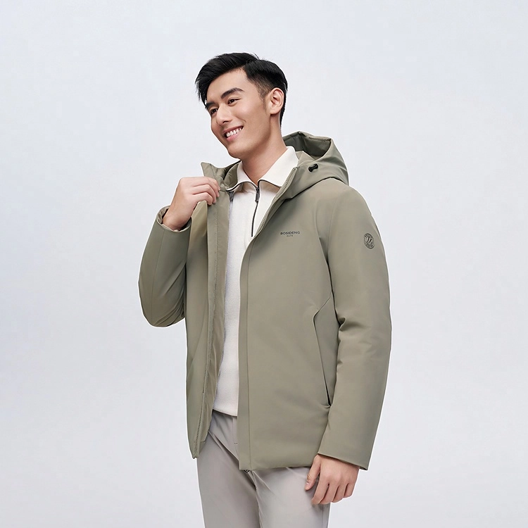 波司登 连帽纯色鹅绒合身拉链口袋羽绒服 男款