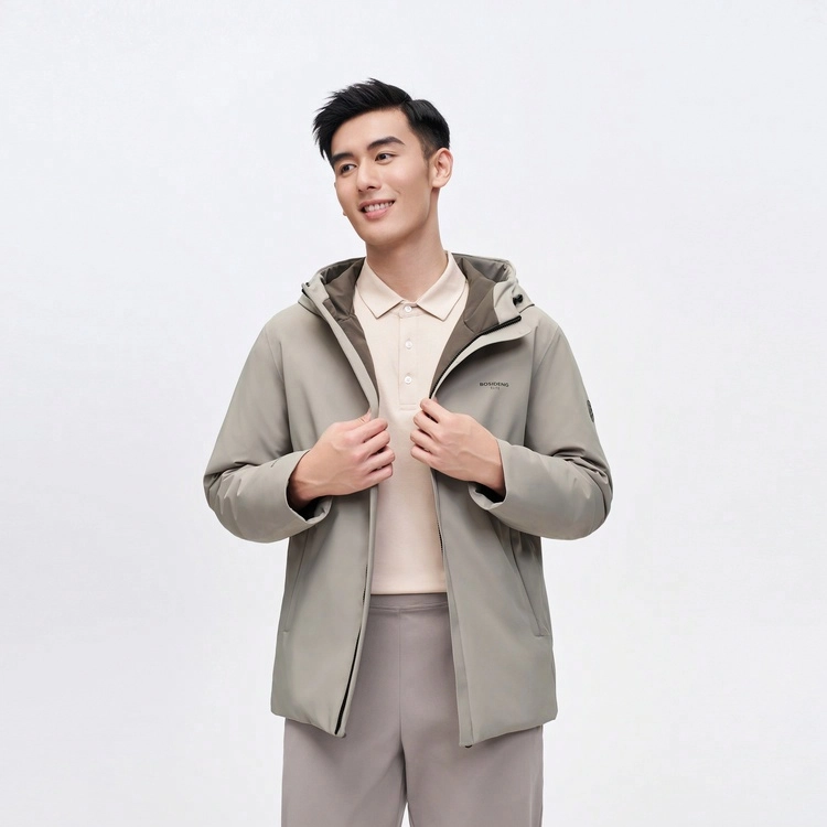 波司登 连帽纯色鹅绒合身拉链口袋羽绒服 男款