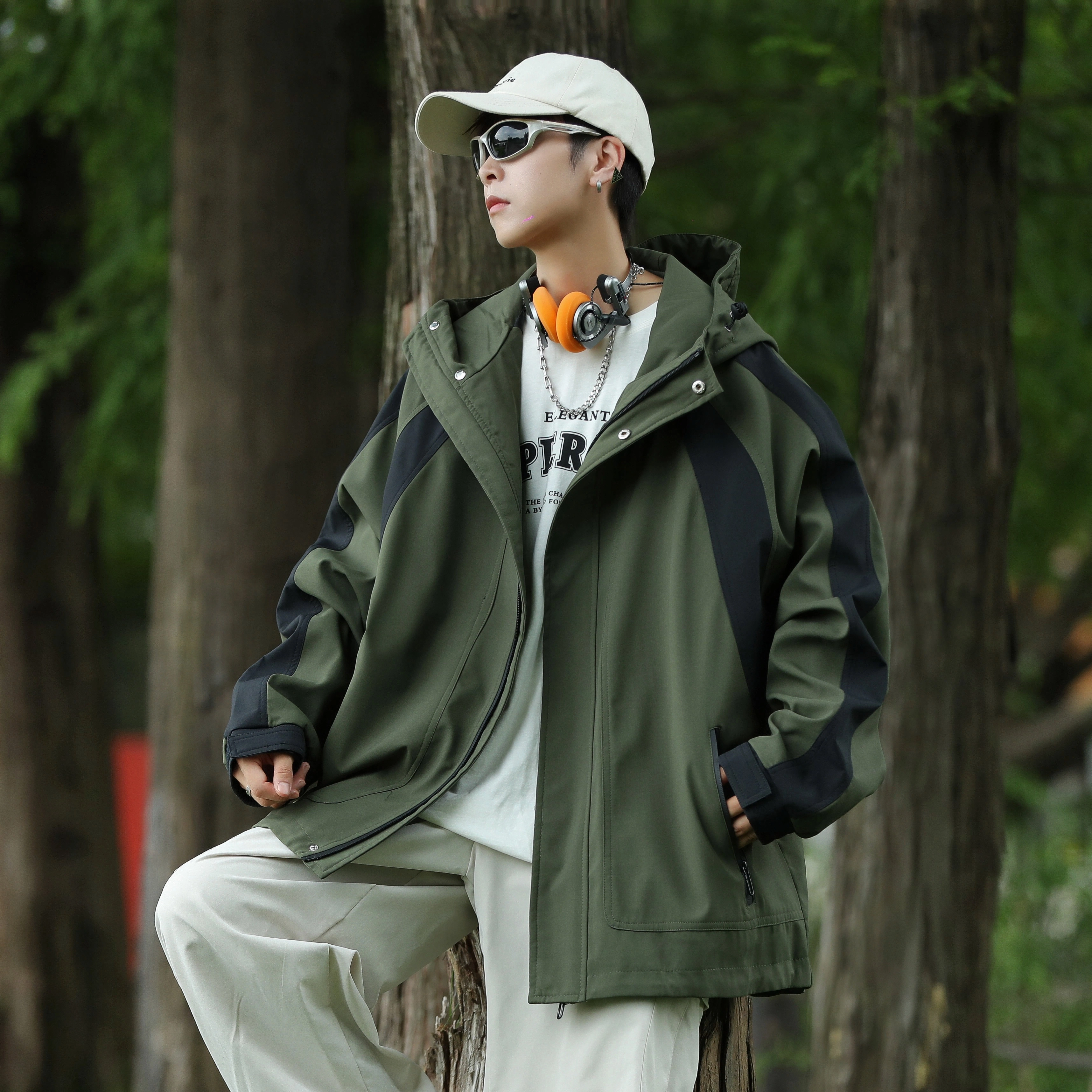 玉儿恋 美式高街经典简约撞色基础款宽松薄款休闲夹克外套 男女同款