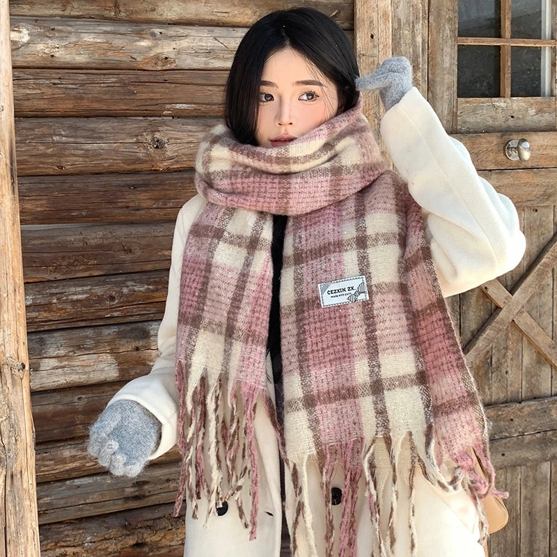 心水好物 韩系保暖针织加大加厚百搭格纹流苏 绒线围巾 男女同款情侣款