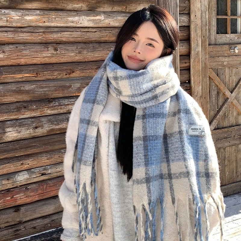心水好物 韩系保暖针织加大加厚百搭格纹流苏 绒线围巾 男女同款情侣款