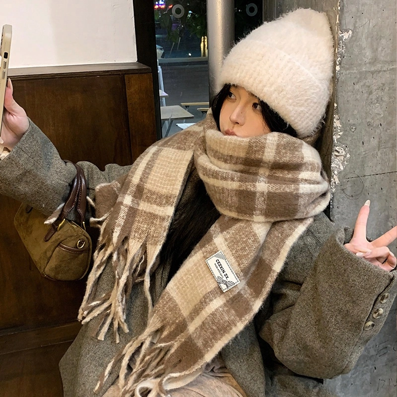 心水好物 韩系保暖针织加大加厚百搭格纹流苏 绒线围巾 男女同款情侣款