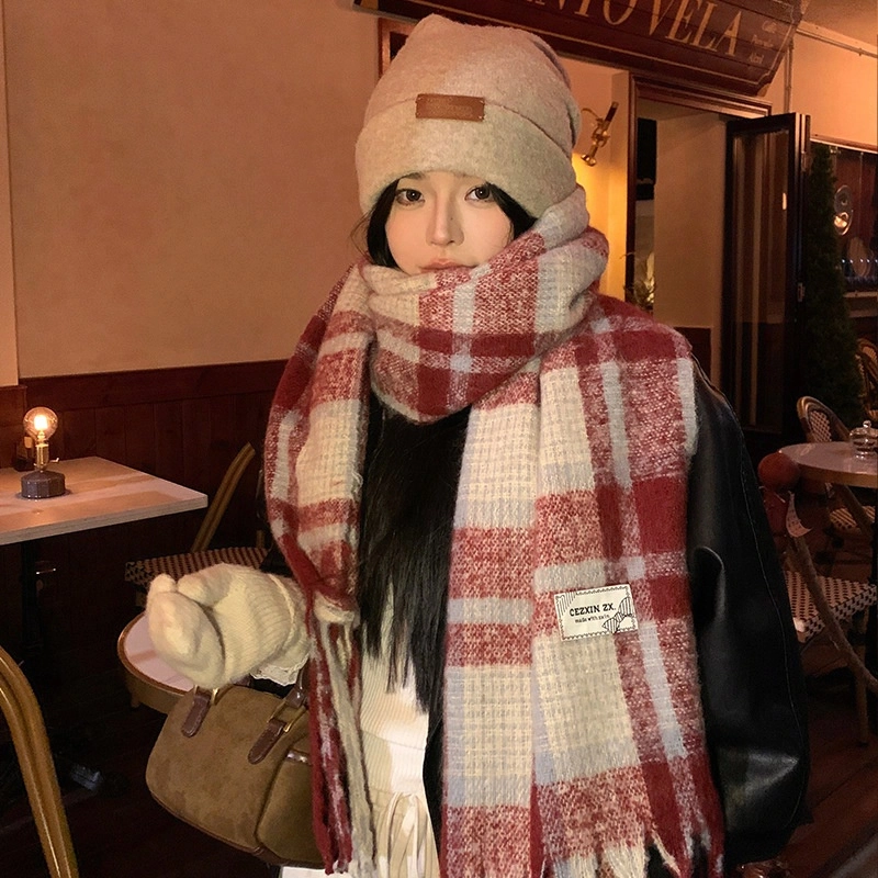 心水好物 韩系保暖针织加大加厚百搭格纹流苏 绒线围巾 男女同款情侣款