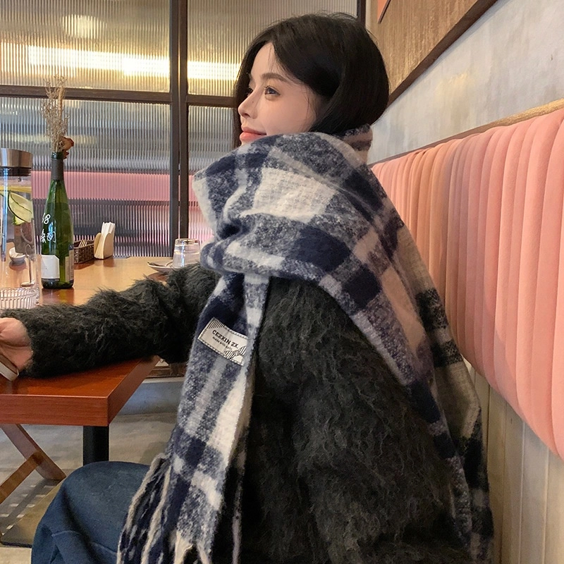 心水好物 韩系保暖针织加大加厚百搭格纹流苏 绒线围巾 男女同款情侣款