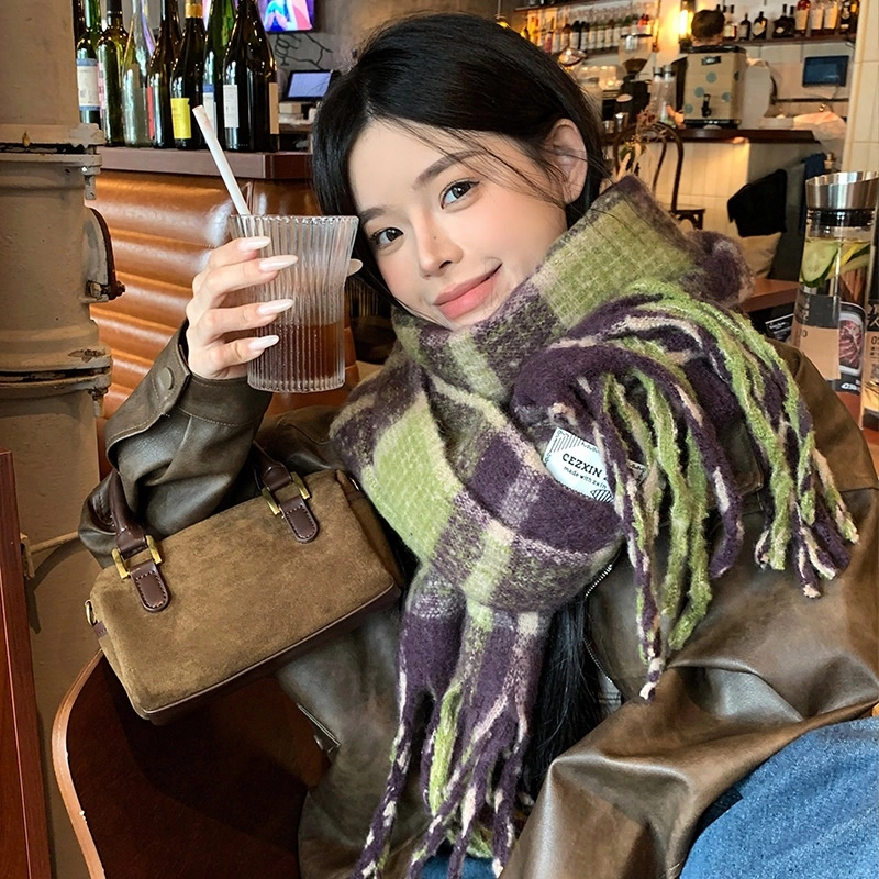 心水好物 韩系保暖针织加大加厚百搭格纹流苏 绒线围巾 男女同款情侣款