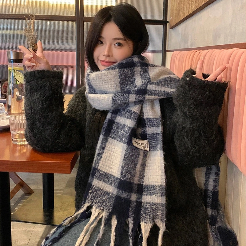 心水好物 韩系保暖针织加大加厚百搭格纹流苏 绒线围巾 男女同款情侣款
