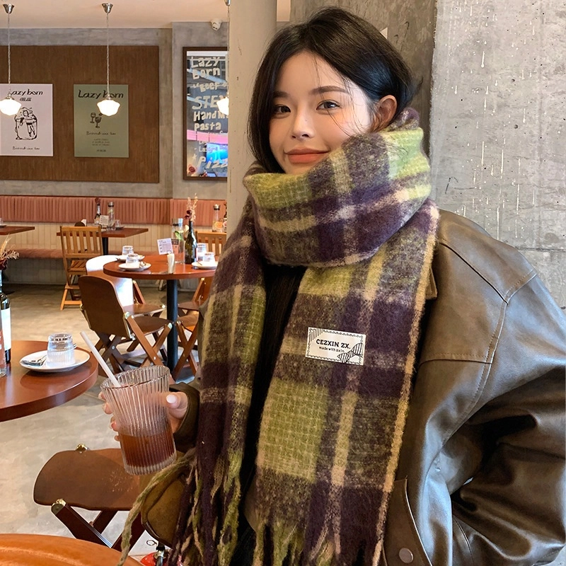 心水好物 韩系保暖针织加大加厚百搭格纹流苏 绒线围巾 男女同款情侣款