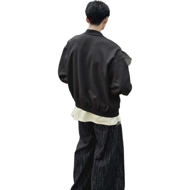 雅鹿 美式高街复古解构毛呢重磅休闲宽松嵌线拉链设计感夹克外套 男女同款 黑色