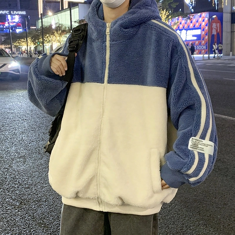 玉儿恋 学院风加绒加厚开衫韩版连帽保暖美式复古高街潮牌痞帅仿羊羔绒潮流休闲条纹字母蓄热防风绒感外套 男女同款