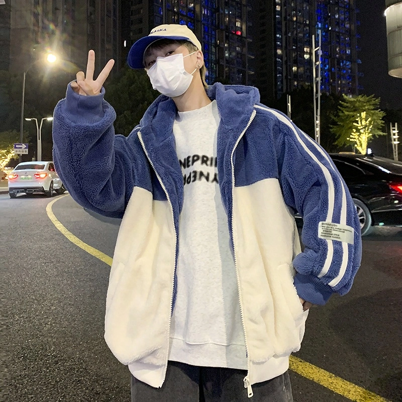 玉儿恋 学院风加绒加厚开衫韩版连帽保暖美式复古高街潮牌痞帅仿羊羔绒潮流休闲条纹字母蓄热防风绒感外套 男女同款