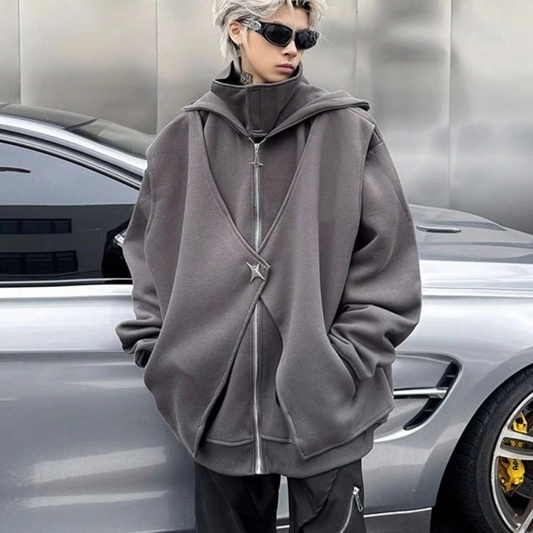 玉儿恋 美式复古高街纯色假两件星型金属扣小众设计感时尚百搭潮流连帽开衫夹克外套 男女同款