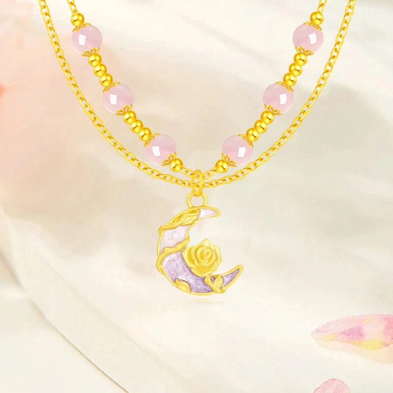 中国珠宝 水晶月下玫瑰 浪漫轻奢莫奈花园玫瑰花少女心珐琅甜心温柔风氛围感甜蜜饰爱可调节锁骨链 足金 一口价 黄金项链 女款