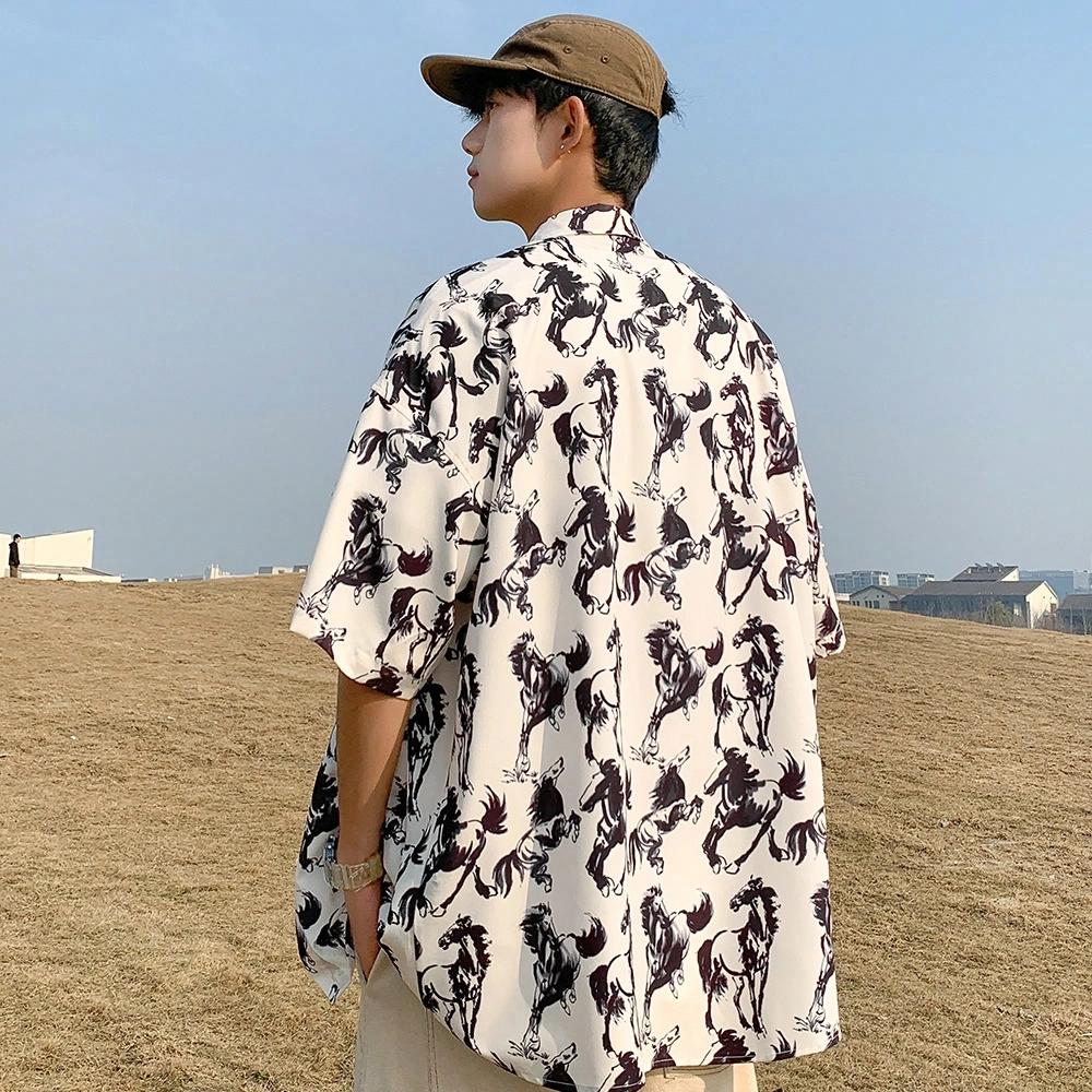 国风骏马水墨画满印图案宽松翻领开衫百搭短袖衬衫 男女同款 米杏