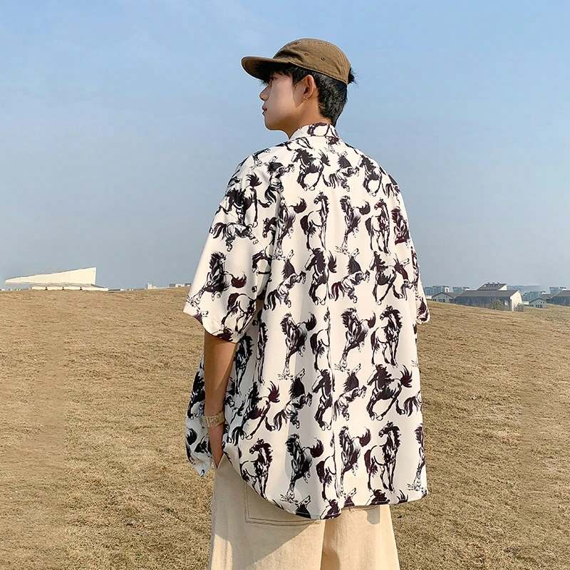 国风骏马水墨画满印图案宽松翻领开衫百搭短袖衬衫 男女同款 米杏