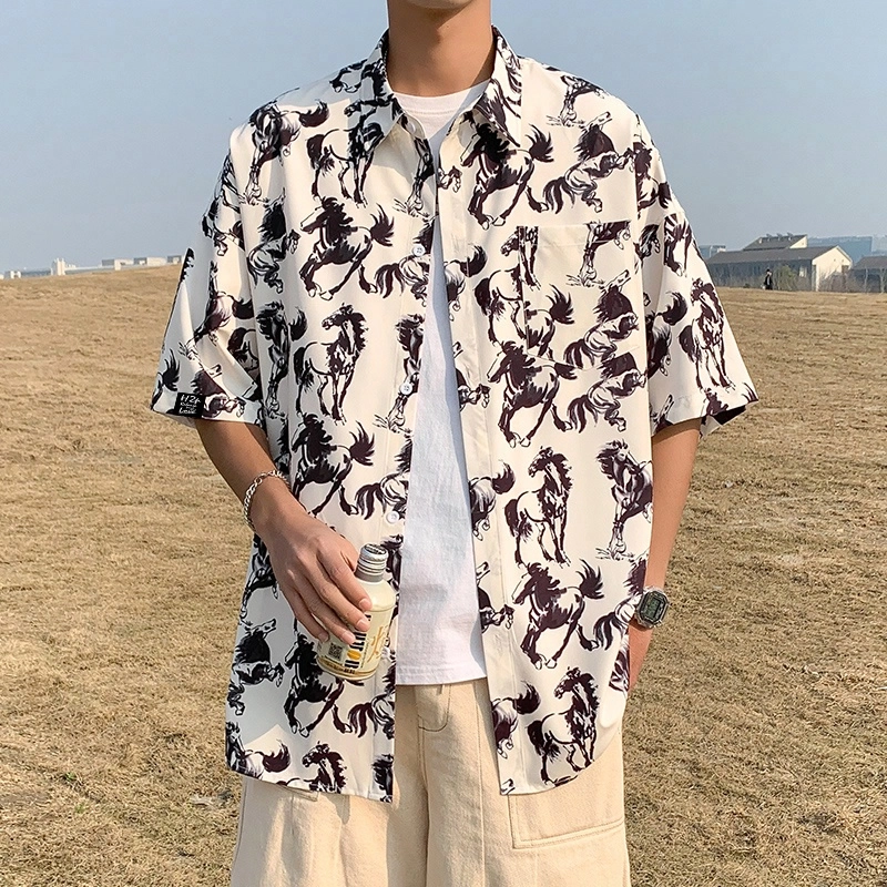 国风骏马水墨画满印图案宽松翻领开衫百搭短袖衬衫 男女同款 米杏