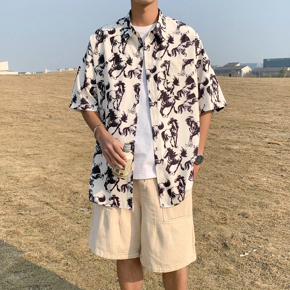 国风骏马水墨画满印图案宽松翻领开衫百搭短袖衬衫 男女同款 米杏