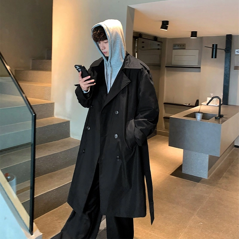 美式复古高街御寒保暖中长款过膝纯色街头时尚潮流舒适百搭户外通勤宽松落肩垂感直筒西装领双排扣开衫风衣 男女同款
