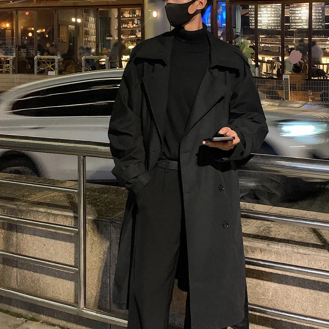 美式复古高街御寒保暖中长款过膝纯色街头时尚潮流舒适百搭户外通勤宽松落肩垂感直筒西装领双排扣开衫风衣 男女同款