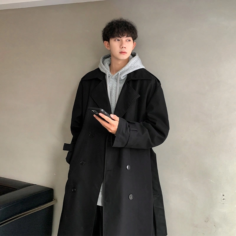 美式复古高街御寒保暖中长款过膝纯色街头时尚潮流舒适百搭户外通勤宽松落肩垂感直筒西装领双排扣开衫风衣 男女同款
