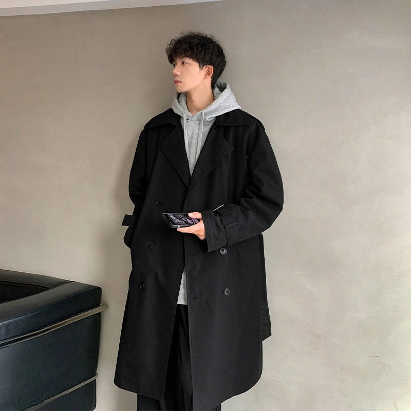 美式复古高街御寒保暖中长款过膝纯色街头时尚潮流舒适百搭户外通勤宽松落肩垂感直筒西装领双排扣开衫风衣 男女同款