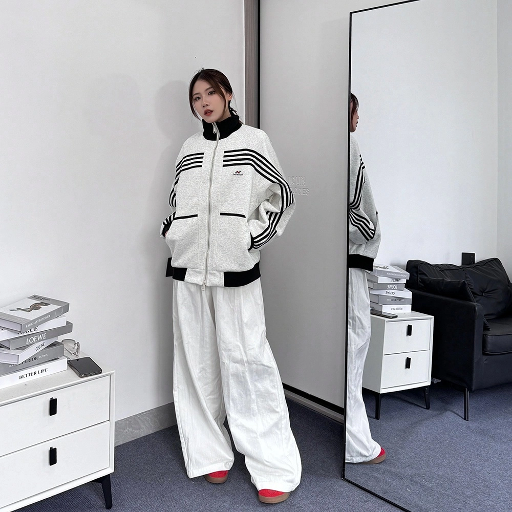 玉儿恋 嘻哈街头美式撞色立领拉链休闲宽松个性潮牌复古条纹设计夹克外套 男女同款