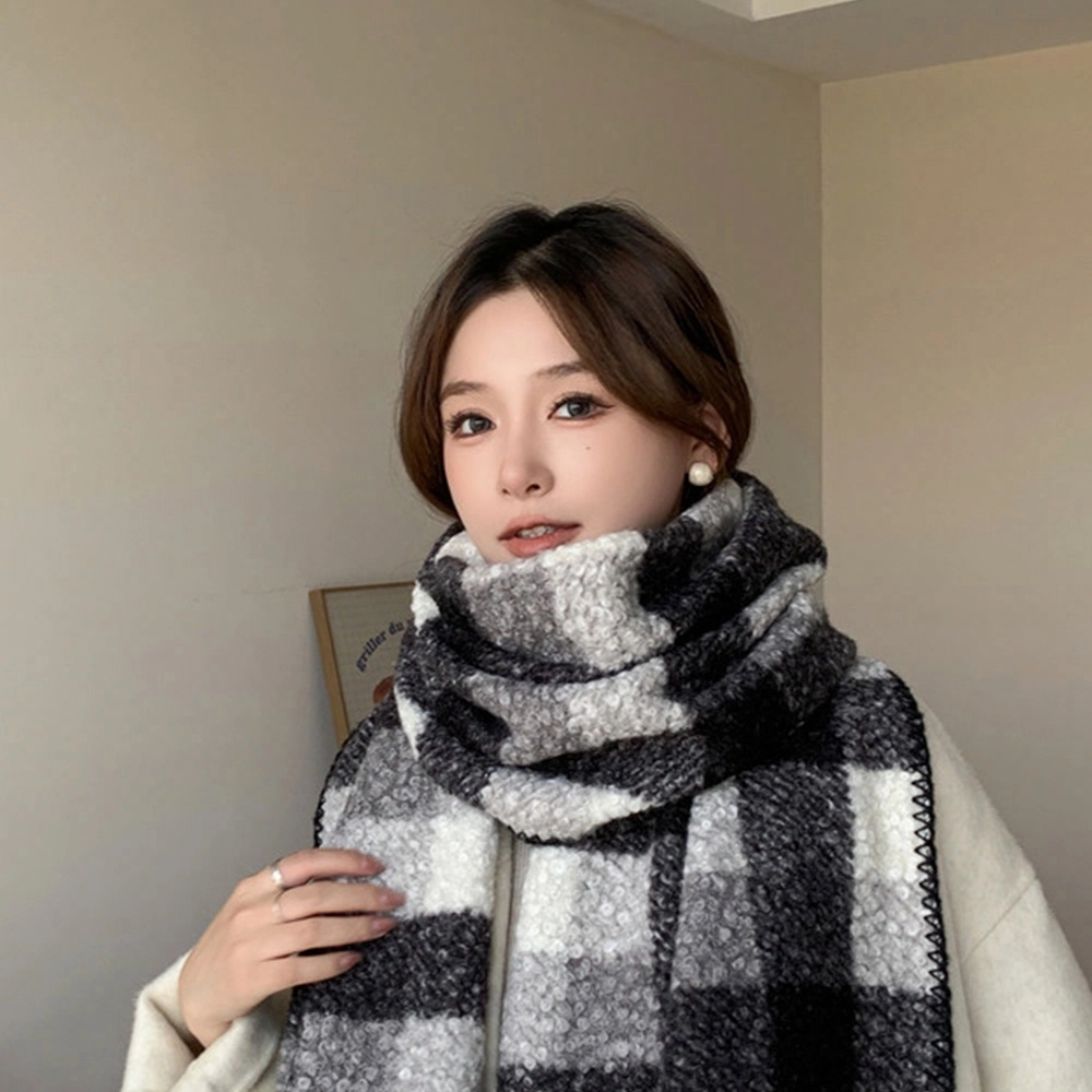 心水好物 韩系加绒加厚百搭冬季格子拼接包边 绒线围巾 男女同款情侣款