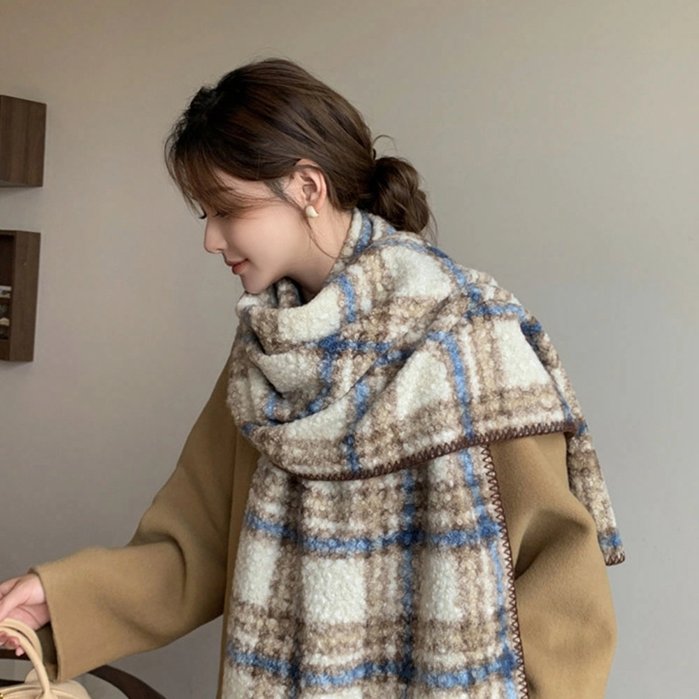 心水好物 韩系加绒加厚百搭冬季格子拼接包边 绒线围巾 男女同款情侣款