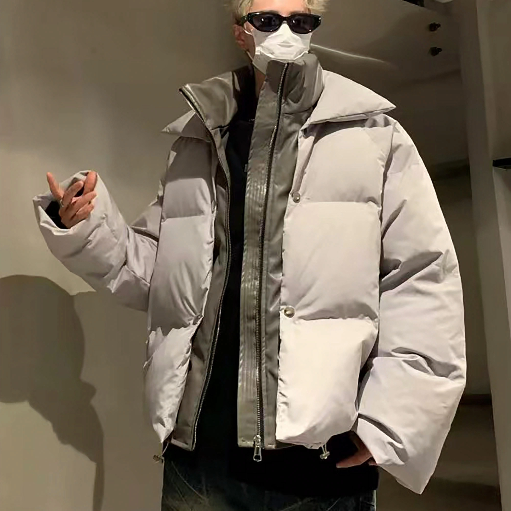 玉儿恋 美式嘻哈复古加厚假两件撞色拼接简约金属拉链面包保暖日常立领小众解构亮面设计感氛围感青少年痞帅棉服 男女同款