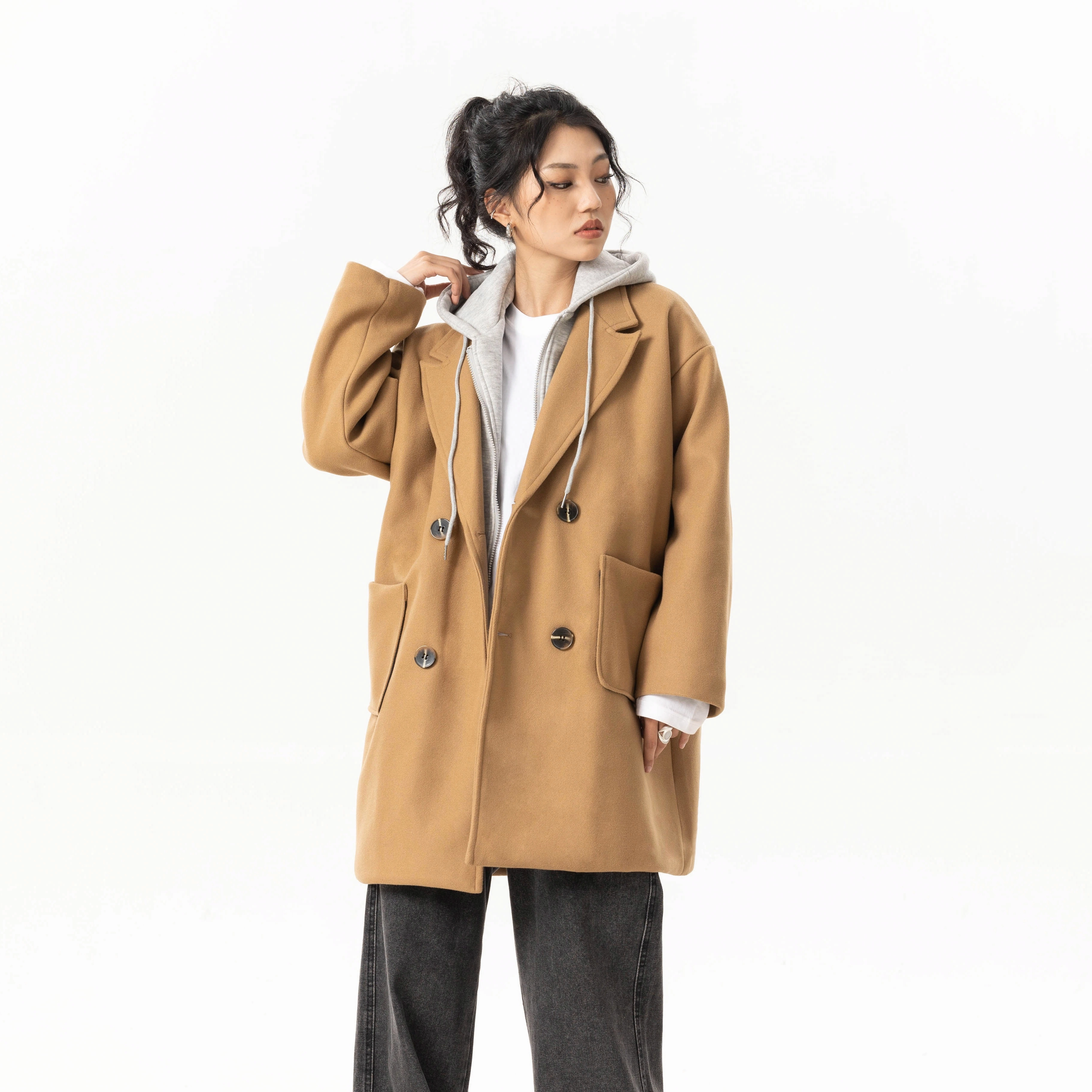玉儿恋 美式潮牌拼接复古百搭休闲双排扣防风中长款连帽假两件设计夹棉加厚保暖学院风宽松毛呢外套大衣 男女同款