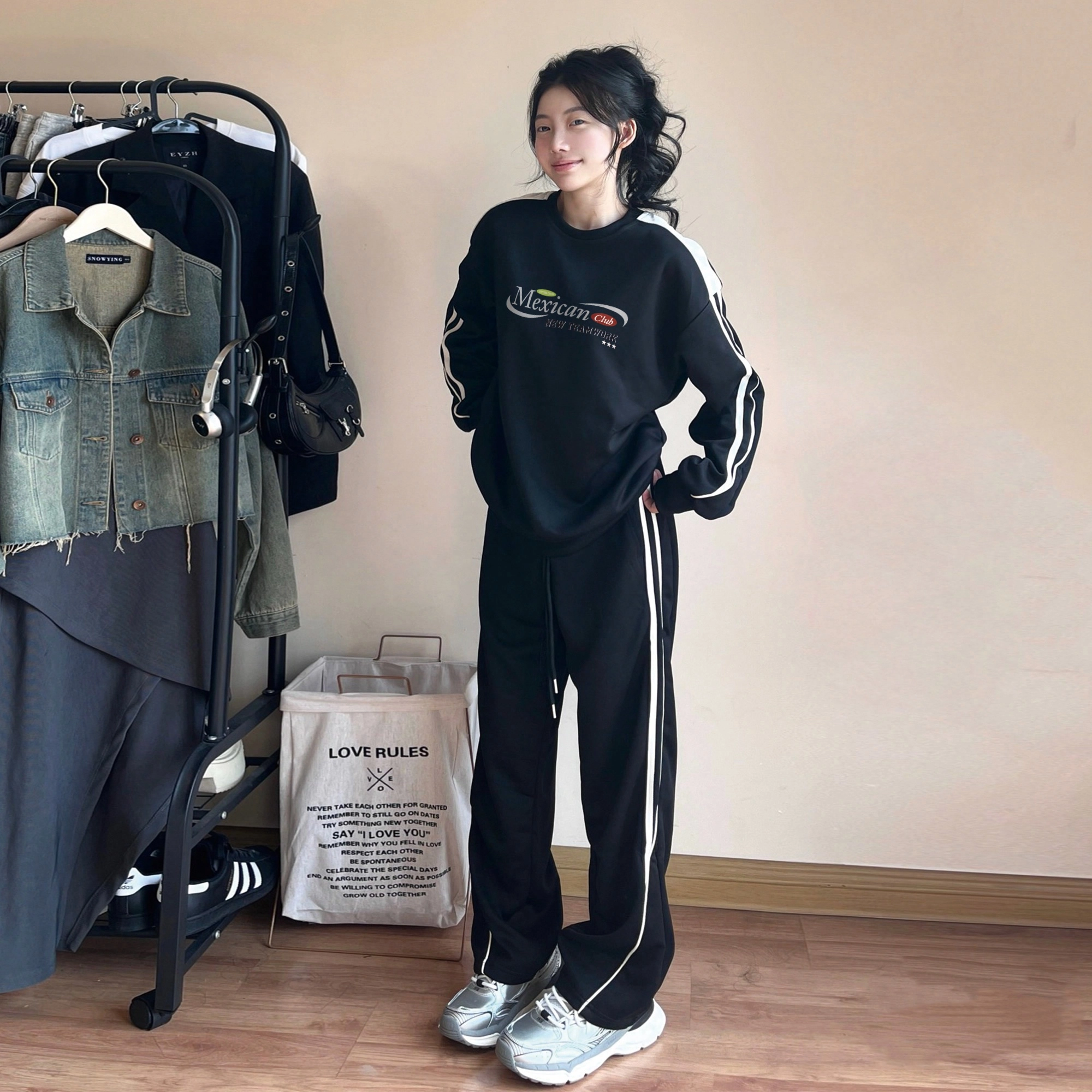 稻草人 户外休闲运动校园街头宽松百搭简约圆领套头条纹拼接卫衣套装 男女同款