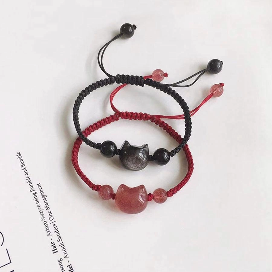 金师傅 招财好运的喵咪守护手饰 爱情美满新中式国潮萌趣可爱简约百搭小众轻奢设计高级感 黑曜石 草莓晶 可调节手绳 男女同款情侣款