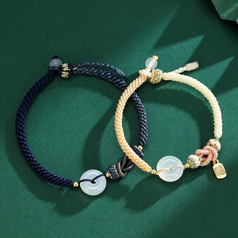 中国黄金 央创时尚 平安扣手绳 新中式 国潮 小众设计感 简约 手工编绳 玉髓 玉石手链 男女同款情侣款 礼物礼盒