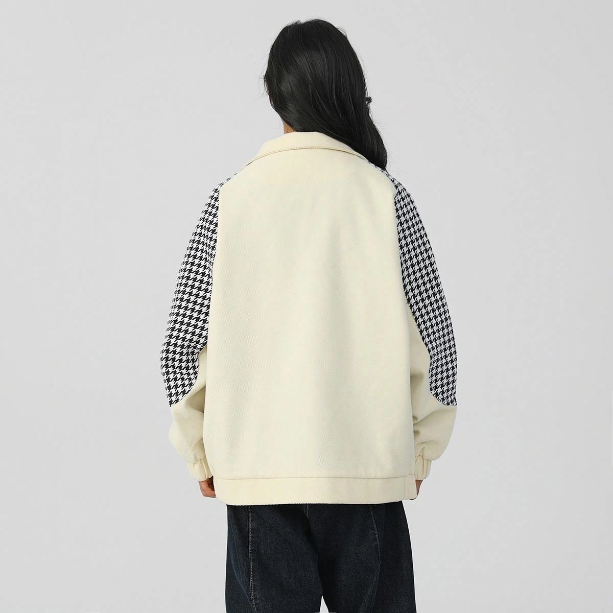 玉儿恋 美式千鸟格拼接宽松舒适长袖夹克外套 男女同款