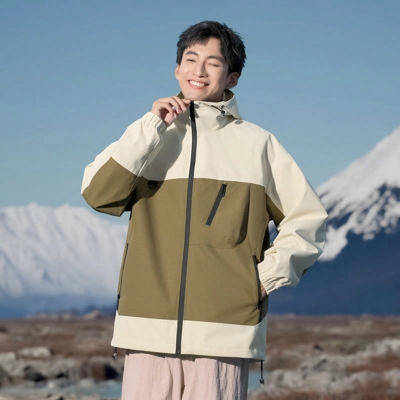 山系户外字母印花可拆卸美式复古潮牌时尚百搭机能撞色拼接拉链口袋防风防水工装宽松休闲连帽夹克外套 男女同款