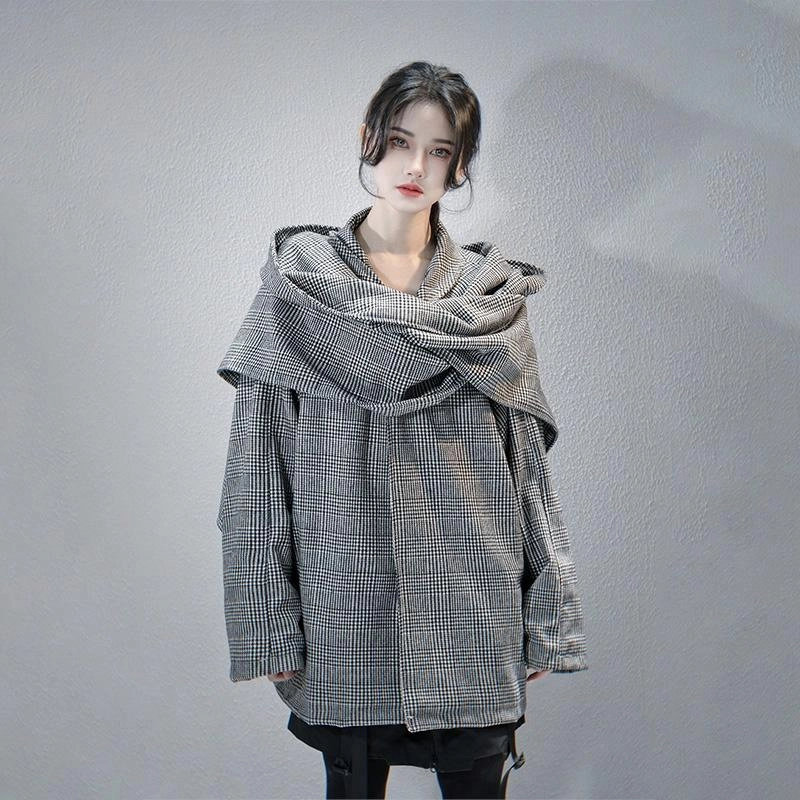 吉业重工 纯色格子千鸟格翻领纽扣双肩围脖呢子长袖夹克外套 男女同款