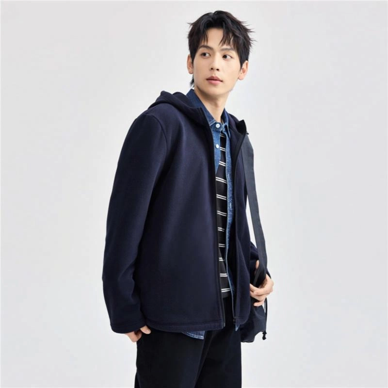 佐丹奴 摇粒绒针织纯色连帽开胸夹克外套 男款