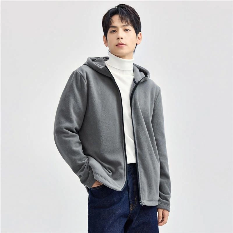 佐丹奴 摇粒绒针织纯色连帽开胸夹克外套 男款