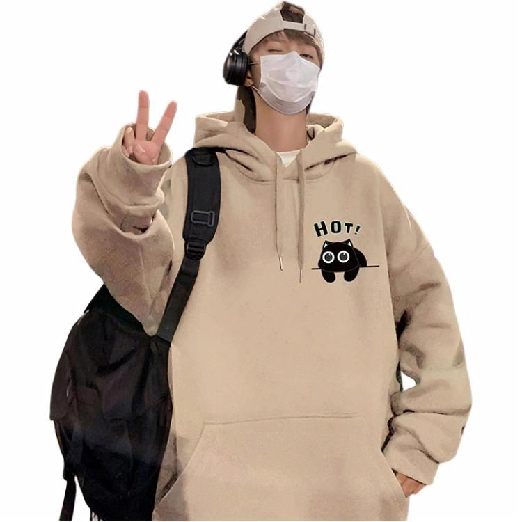 北极绒 连帽纯棉落肩套头美式字母卡通印花简约潮牌宽松卫衣 男