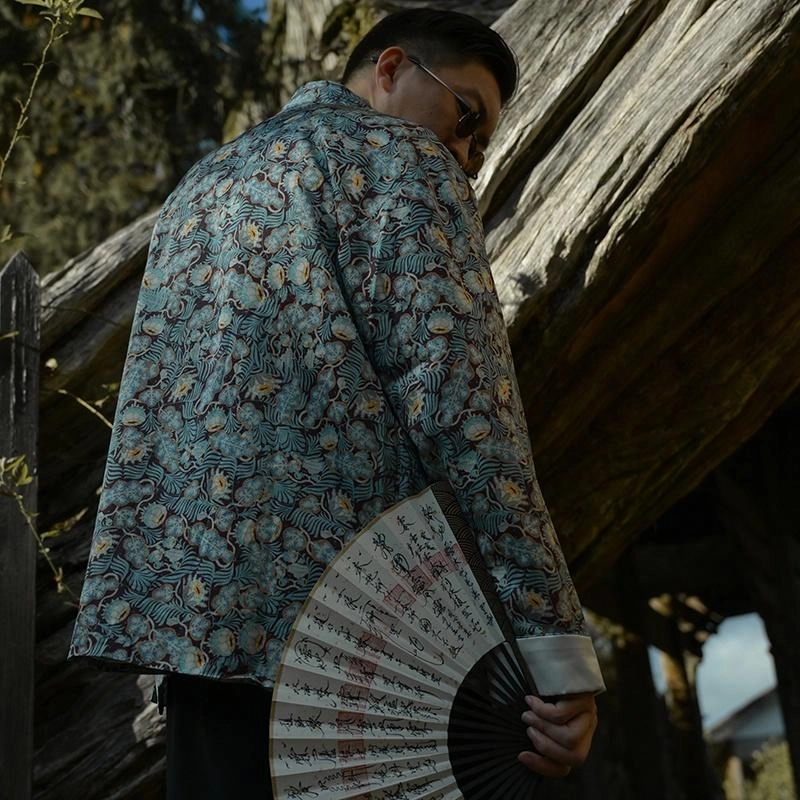 户部棠鲤衔花三省六部 中国风碎花男士休闲手工唐装立领长袖夹克外套 男女同款 蓝色