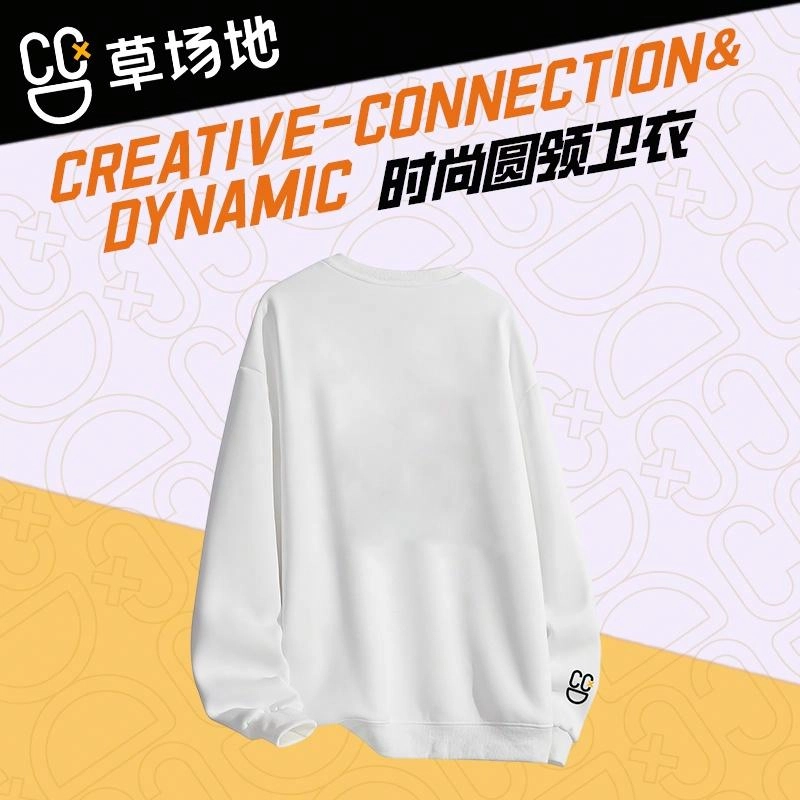 腾讯视频草场地 字母黑白玫瑰美式百搭运动圆领落肩宽松卫衣 男女同款 白色