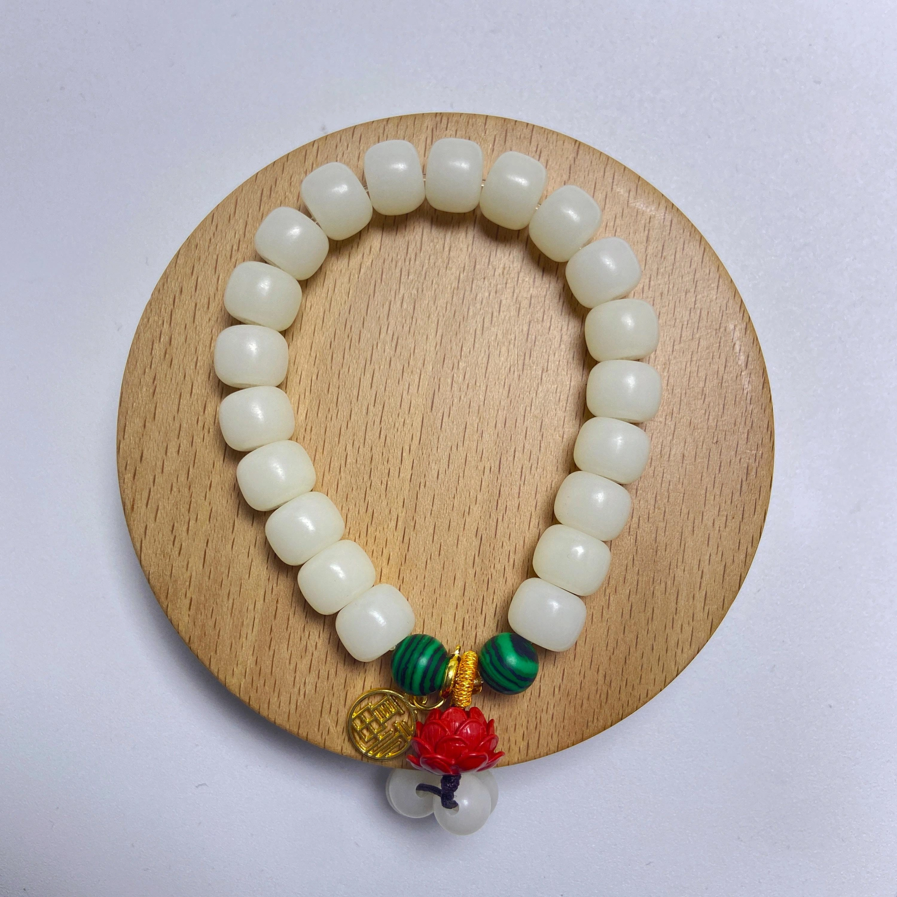 耳玺 彩釉莲花转运珠文玩学生佛珠小清新盘玩绕指柔 白玉菩提 手串 男女同款情侣款