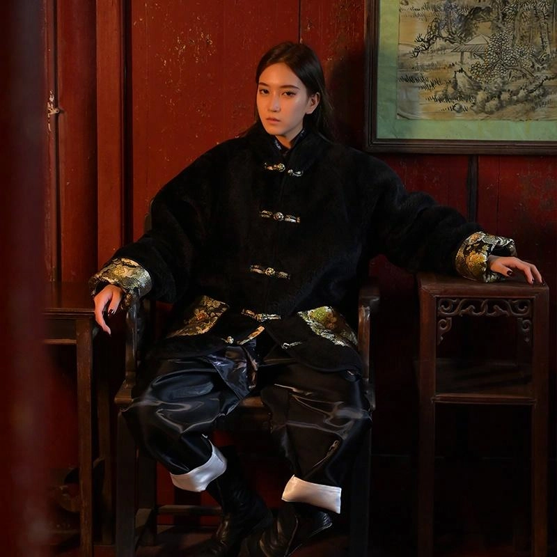 三省六部 国风羊羔毛拼西阵织保暖大码唐装羽绒服 女款