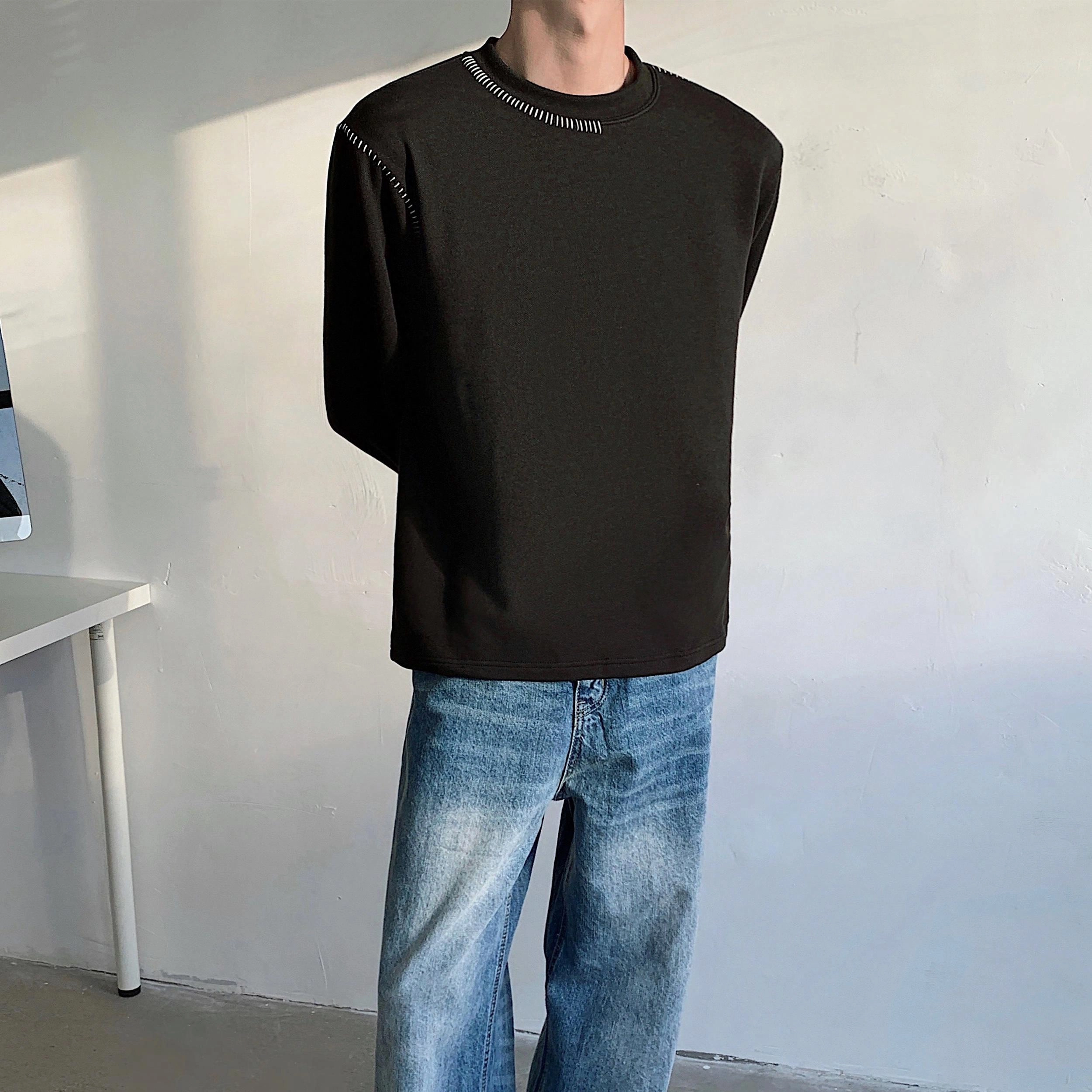 袋鼠 基础圆领手缝效果纯色宽松长袖卫衣 男女同款